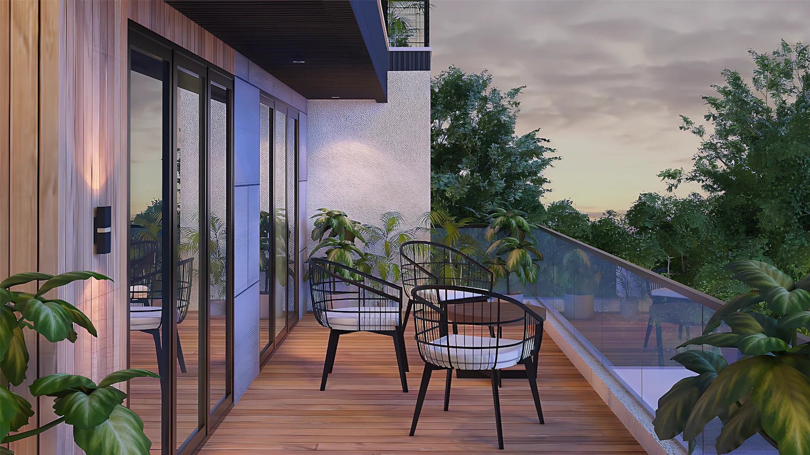 Modern high-rise residential balcony with durable stone finish coating in tropical Philippines setting
